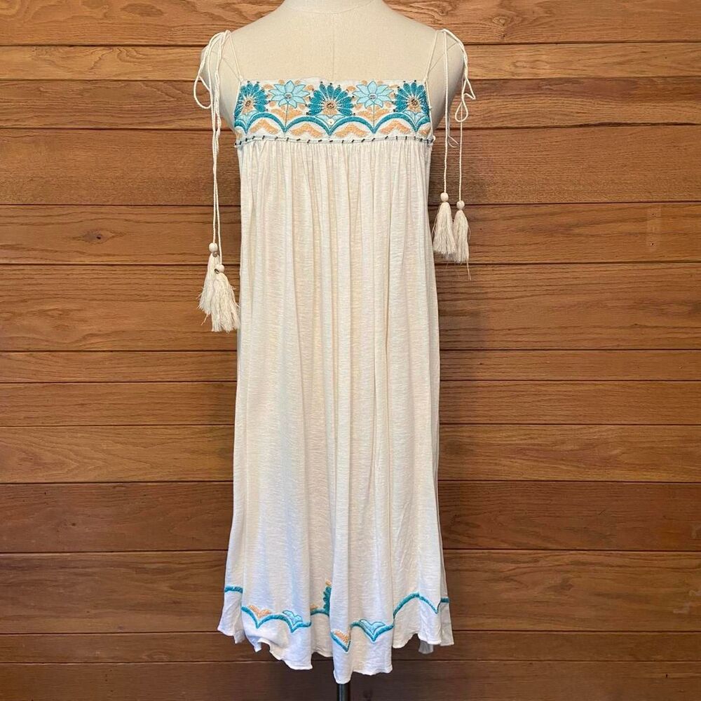 Free People NWT ivory floral embroidered strappy split side tunic